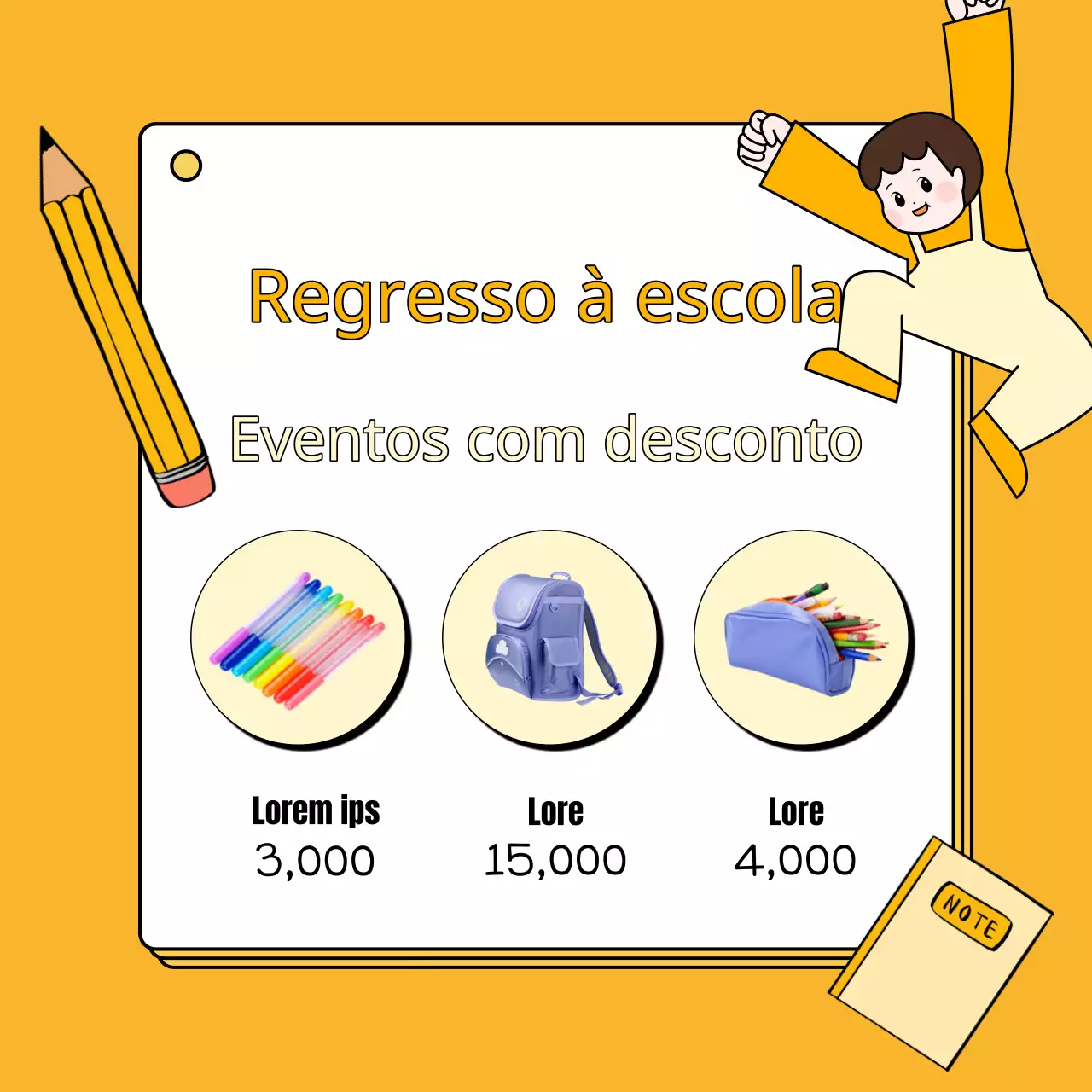 Anúncio simples de saldos de regresso às aulas em amarelo e laranja