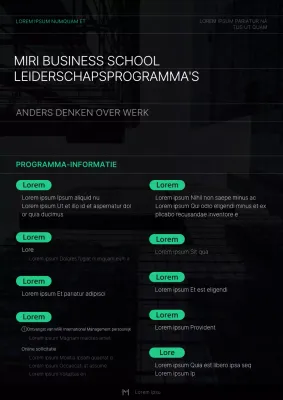 Een eenvoudige flyer voor een managementseminar in groen en zwart.