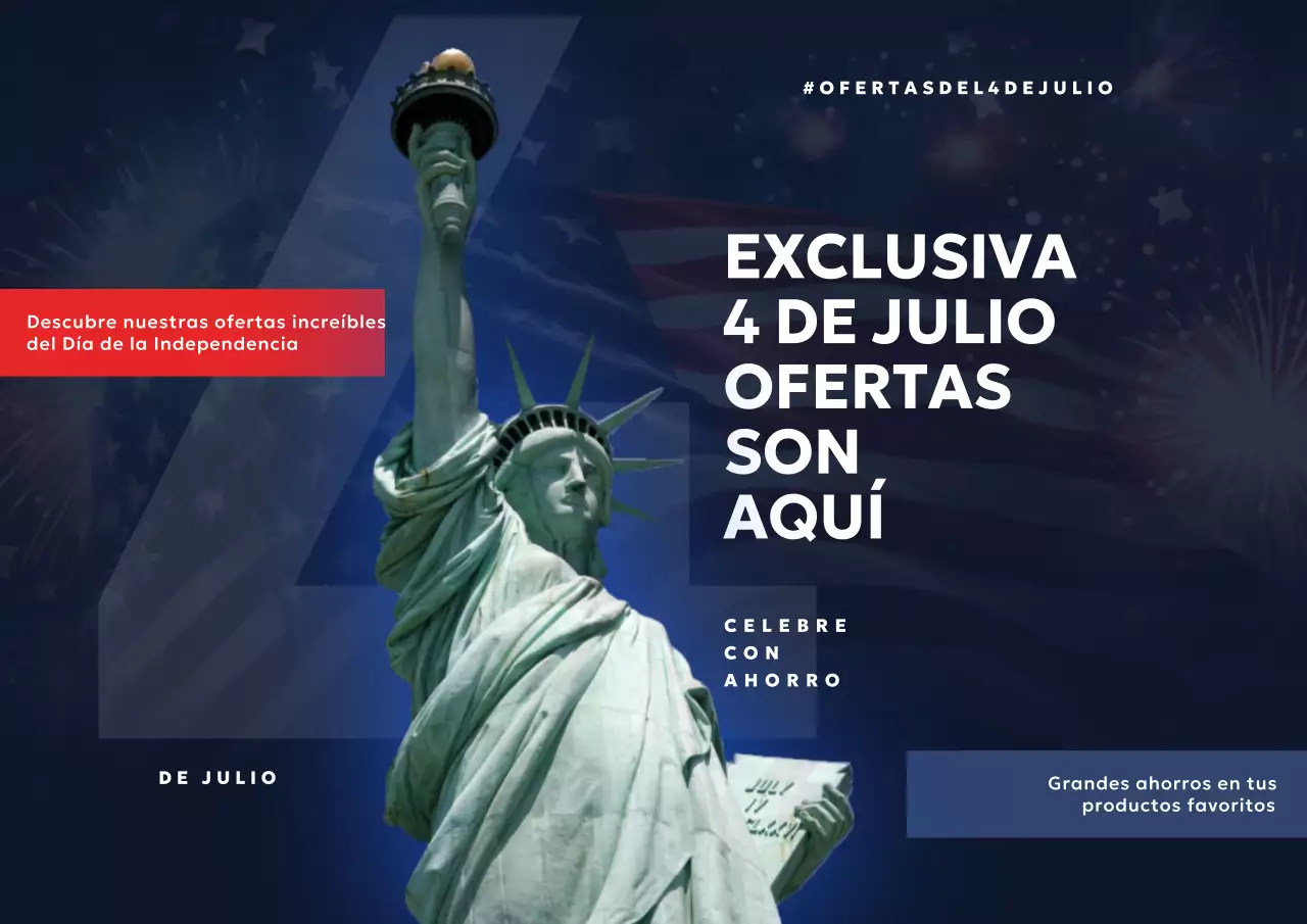 Anuncio de rebajas azul y rojo del 4 de julio