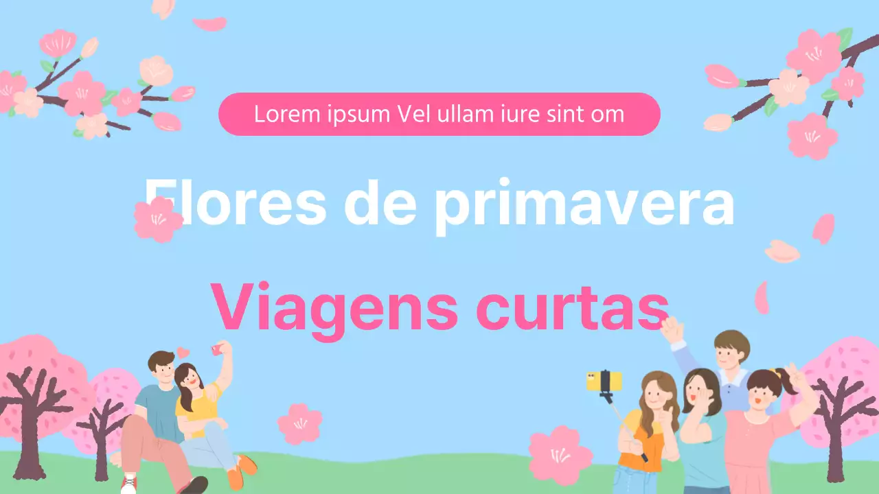 Uma bonita viagem de primavera em rosa e azul claro Título principal