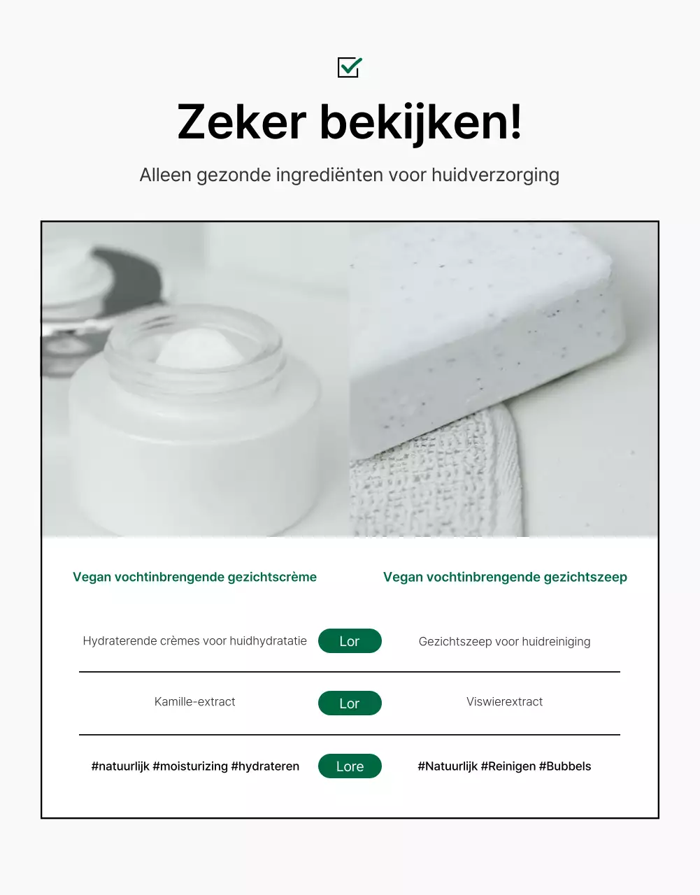 Promoot een eenvoudige groen-witte pagina met controlepunten voor natuurlijke cosmetica