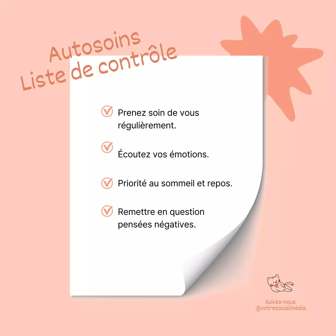 Mémo beige et blanc sur la liste de contrôle de base pour l'autosoin