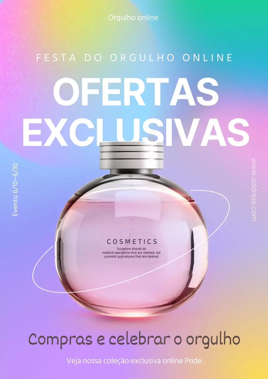 Cartaz promocional de um produto de perfumaria elegante com fundo multicolorido