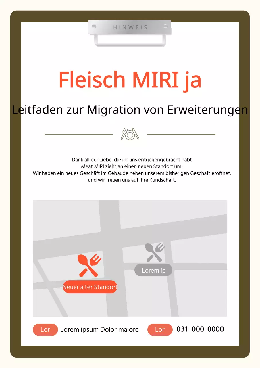 Eine einfache braune und orangefarbene Ankündigung für den Umzug des Geschäfts