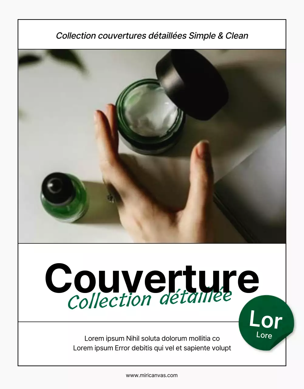 Promouvoir une page de couverture simple, moderne et naturelle pour les cosmétiques, en vert et blanc