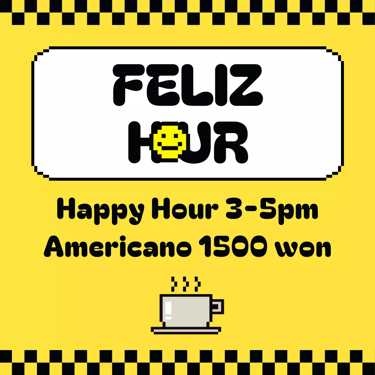 Anuncio kitsch de un café con un personaje amarillo pixelado