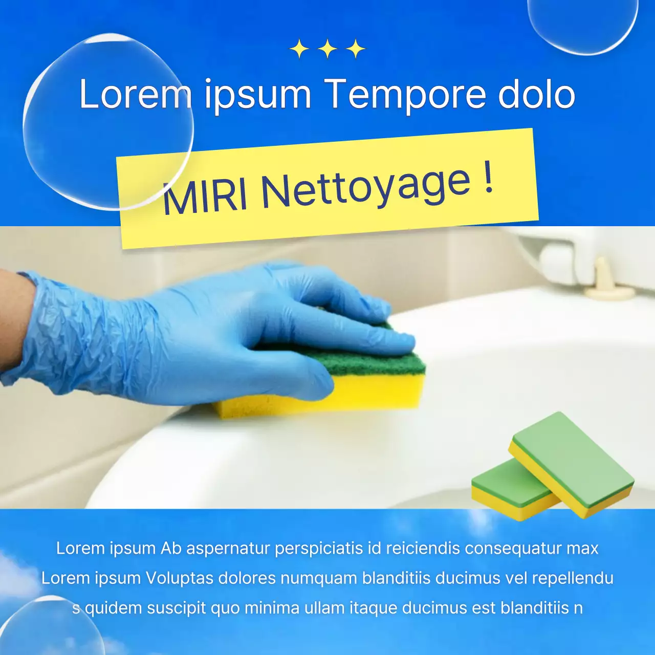 Faites la promotion de votre entreprise de nettoyage avec des accents bleu clair et jaunes.