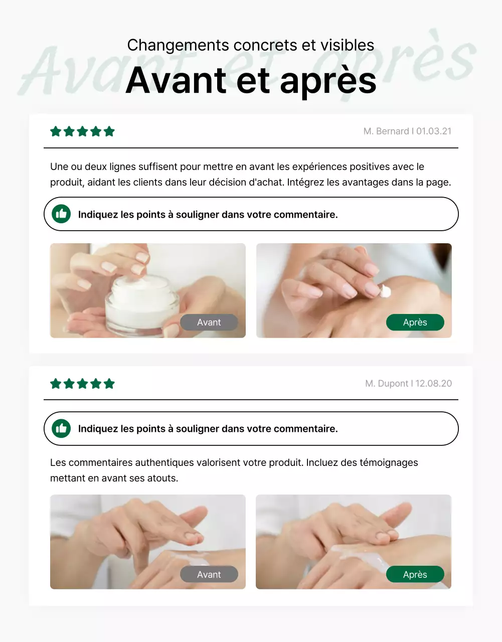 Promouvoir une simple page d'évaluation de produits cosmétiques naturels verts et blancs