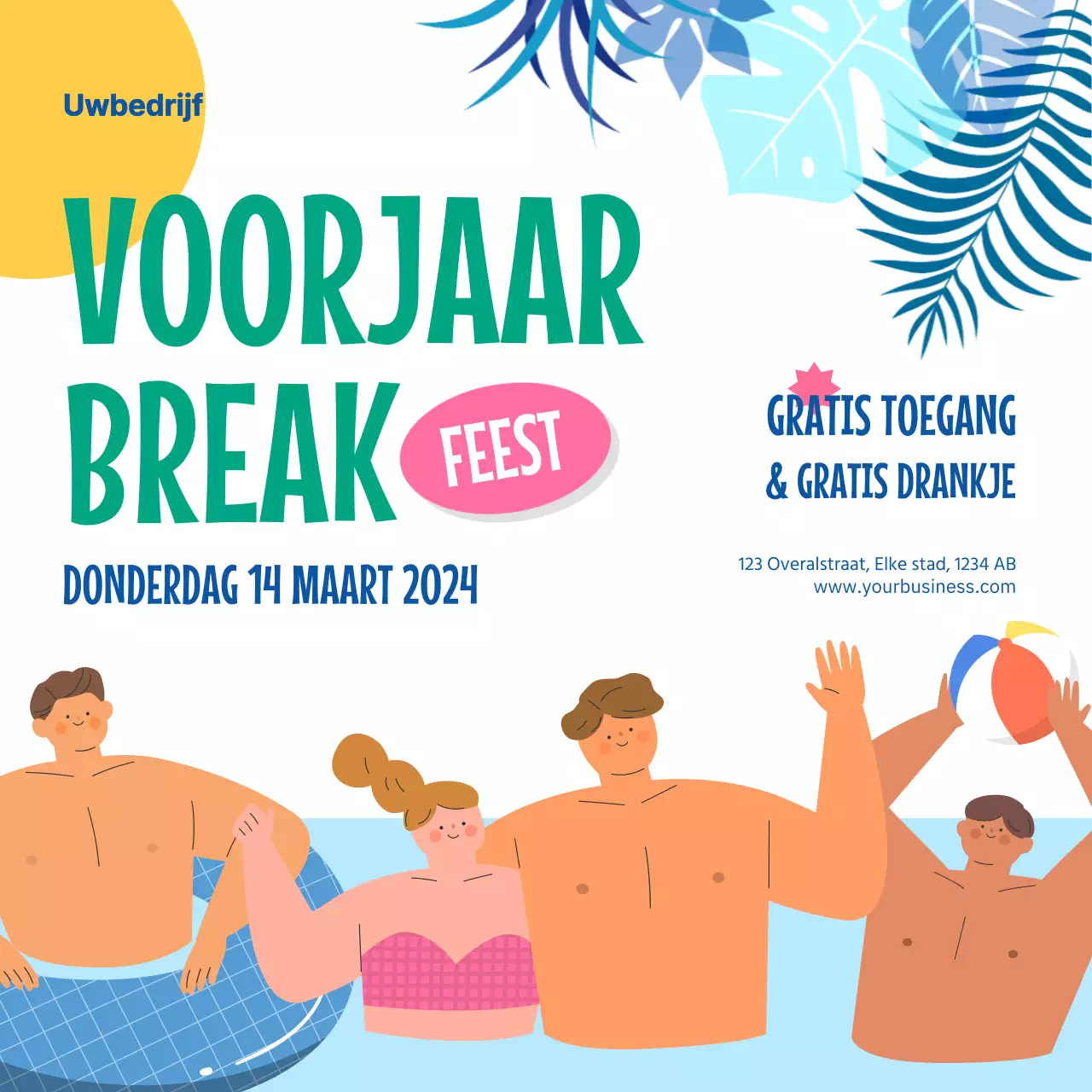 Blauw en Groen Tropisch Voorjaarsvakantie Feest Advertentie