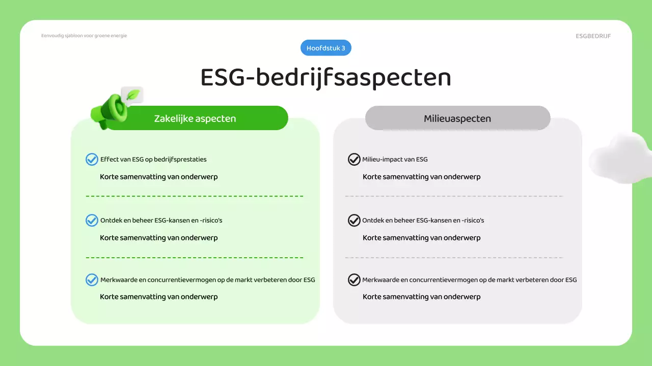 Een eenvoudig ESG-bedrijfsplan in groen en blauw