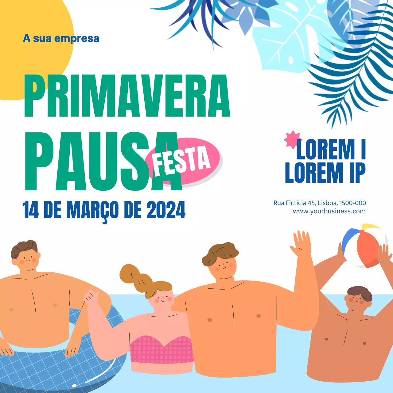 Anúncio de festa tropical azul e verde para as férias de primavera