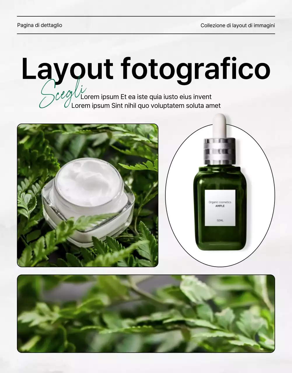 Semplice layout fotografico di cosmetici naturali in verde e bianco per promuovere la vostra pagina