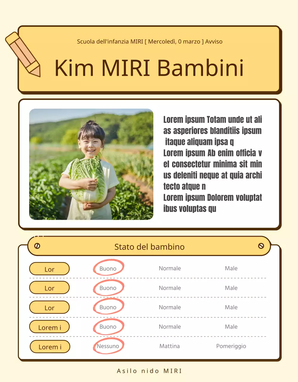 Una raccolta di simpatici annunci per l'asilo giallo e rosa