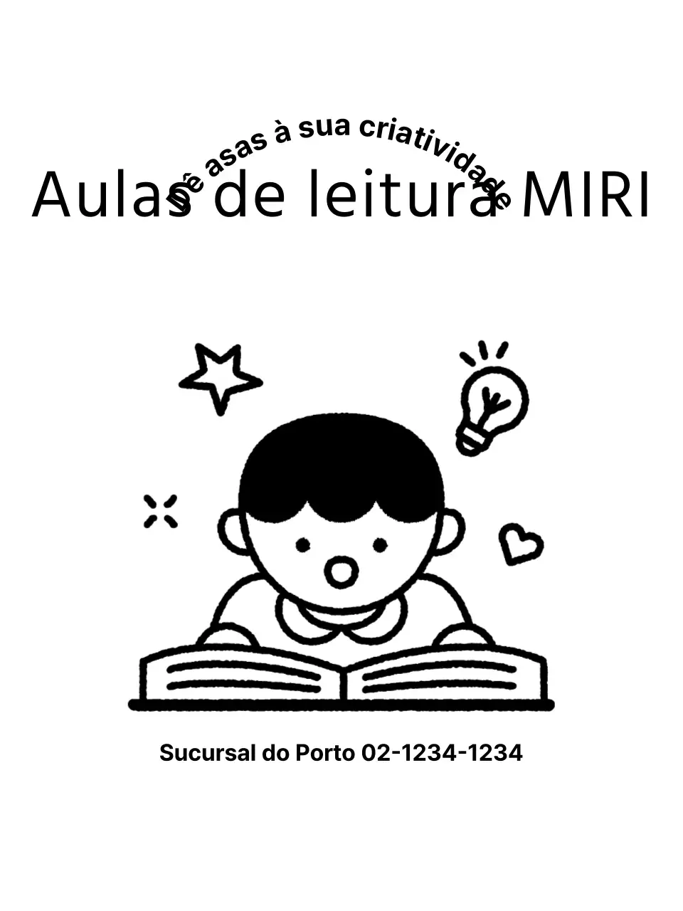 Desenho promocional de escola com ilustração de uma criança a ler um livro