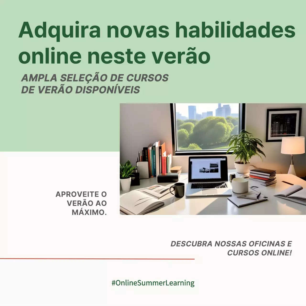 Anúncio de oficina online minimalista a branco e lima