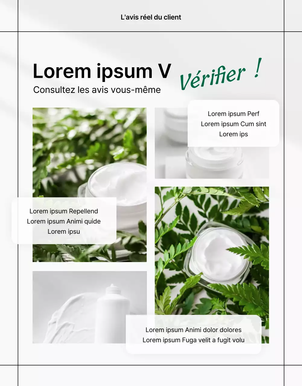 Promouvoir une simple page d'évaluation de produits cosmétiques naturels verts et blancs