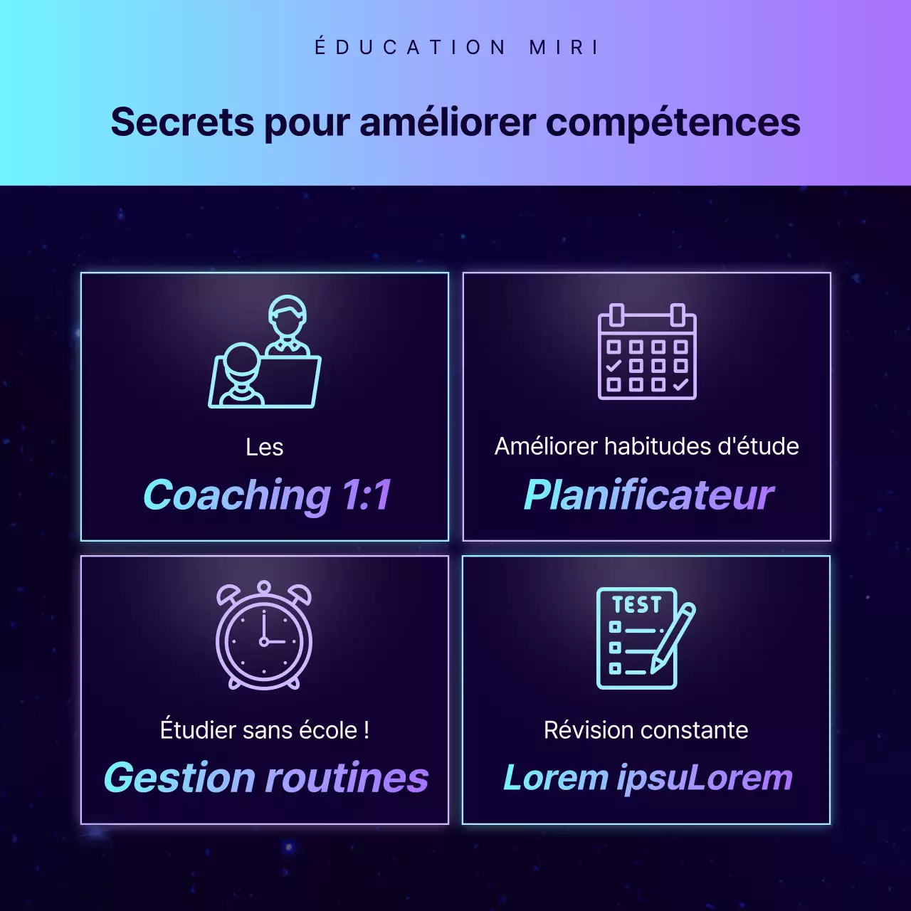 Promotion d'une conférence spéciale dans une académie avec une ambiance de science-fiction en bleu marine et violet