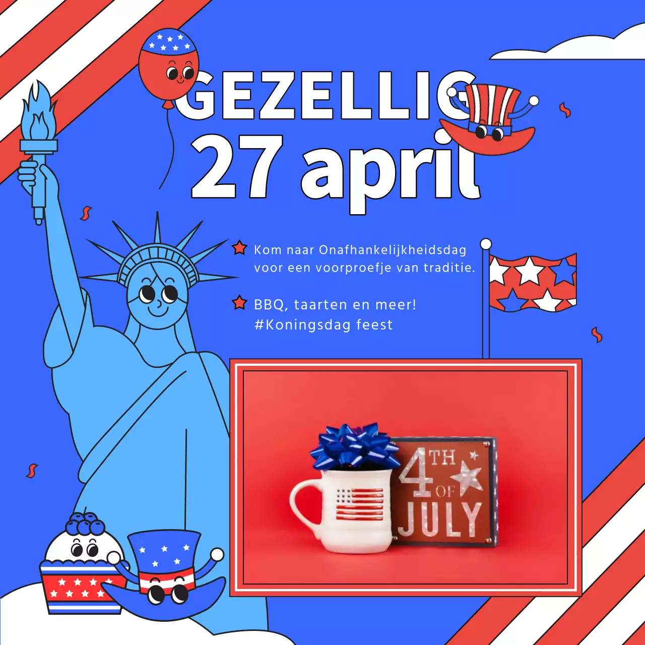 Een schattige rode en blauwe reclame voor de Amerikaanse Onafhankelijkheidsdag