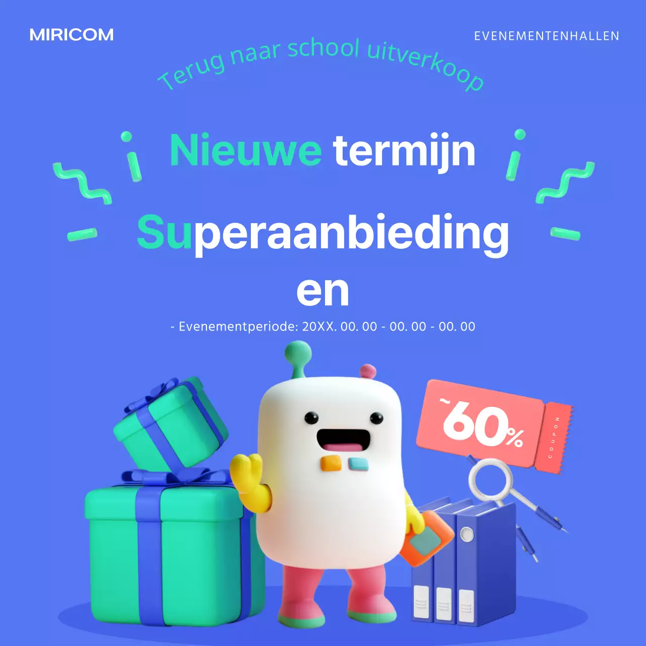 Promoot back-to-school evenementen met blauwe en fluorescerende kleuren