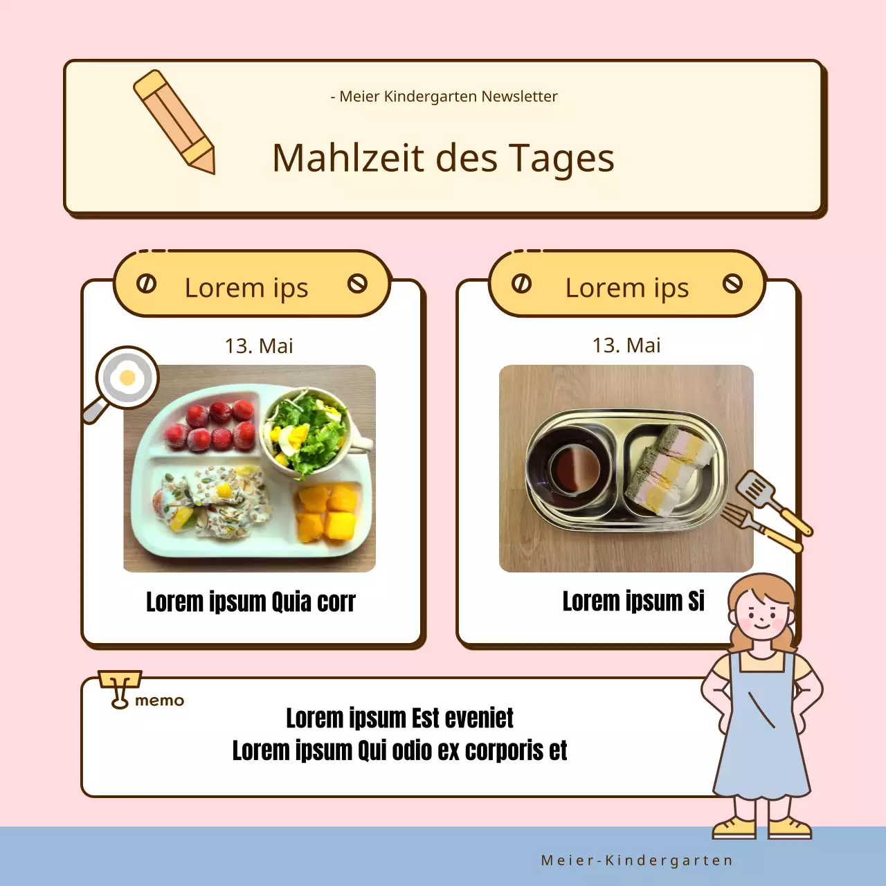 Eine Sammlung von niedlichen gelben und rosa Kindergarten-Ankündigungen