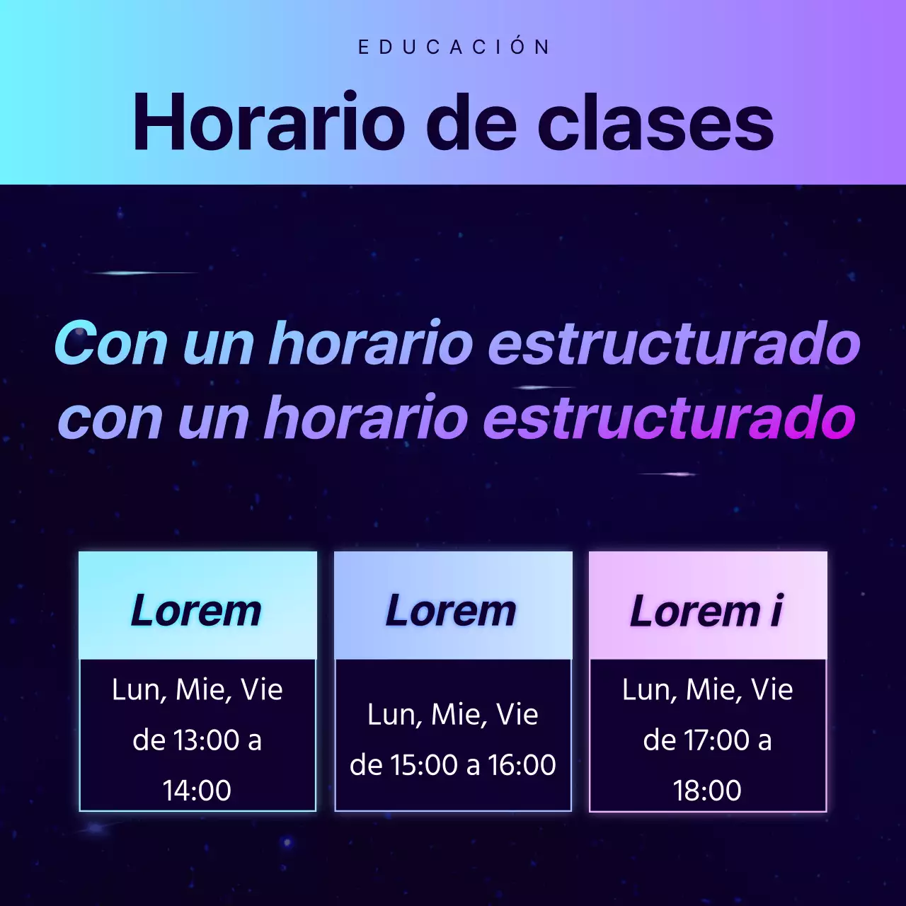 Promoción de una conferencia especial en una academia con aires de ciencia ficción en azul marino y morado.