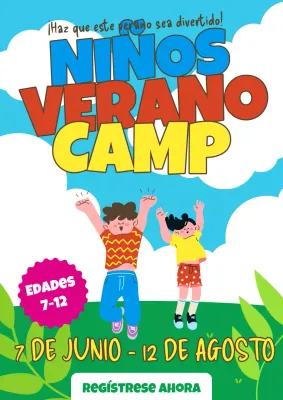 Promover un campamento de verano para niños en azul claro y verde
