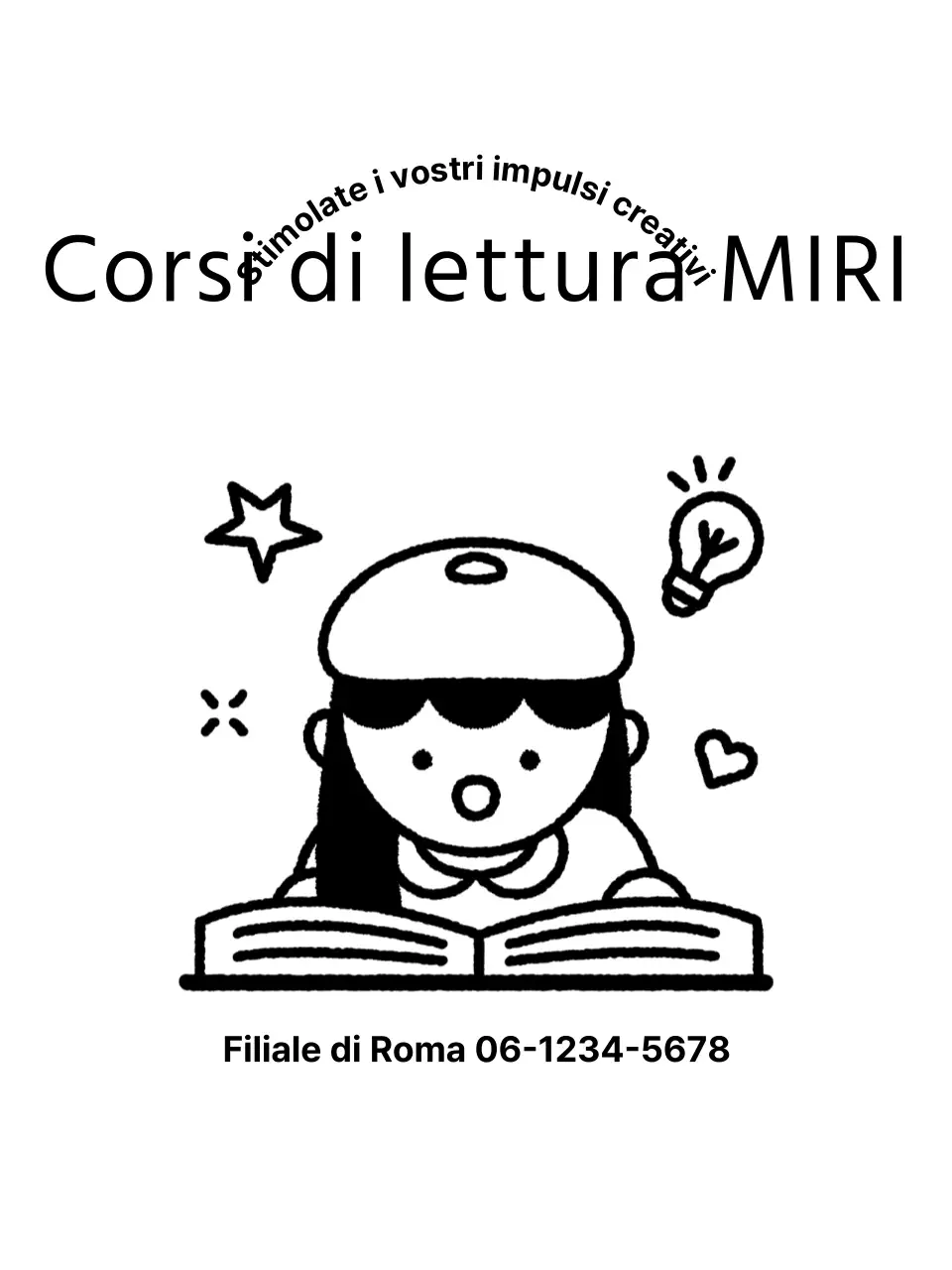 Design promozionale della scuola con illustrazione di un bambino che legge un libro