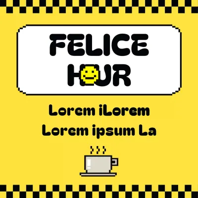 Pubblicità kitsch di un evento al bar con personaggio giallo pixelato