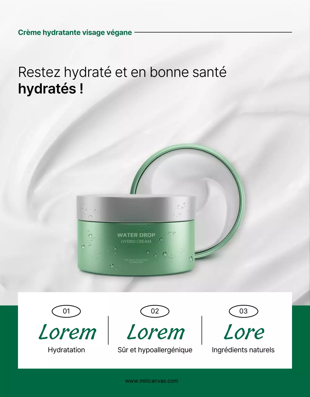 Promouvoir une page de couverture simple, moderne et naturelle pour les cosmétiques, en vert et blanc