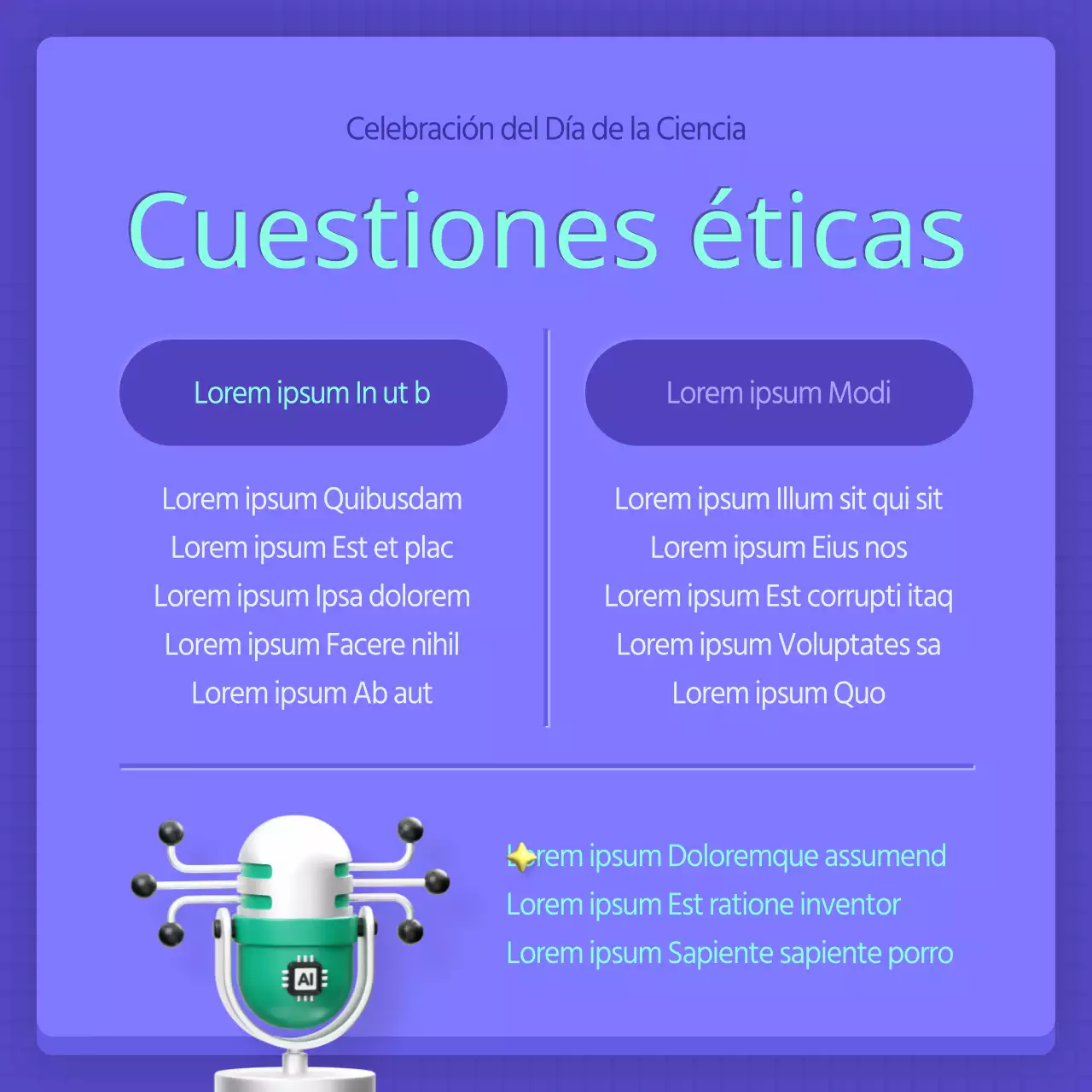 Un puesto moderno de AI para el Día de la Ciencia en morado y menta