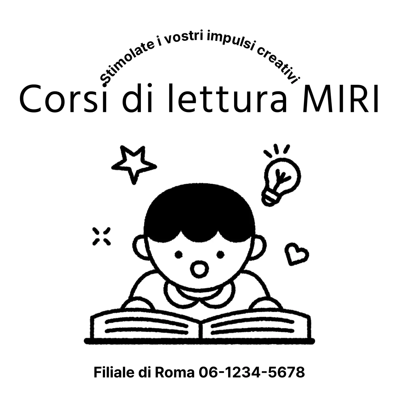 Design promozionale della scuola con illustrazione di un bambino che legge un libro