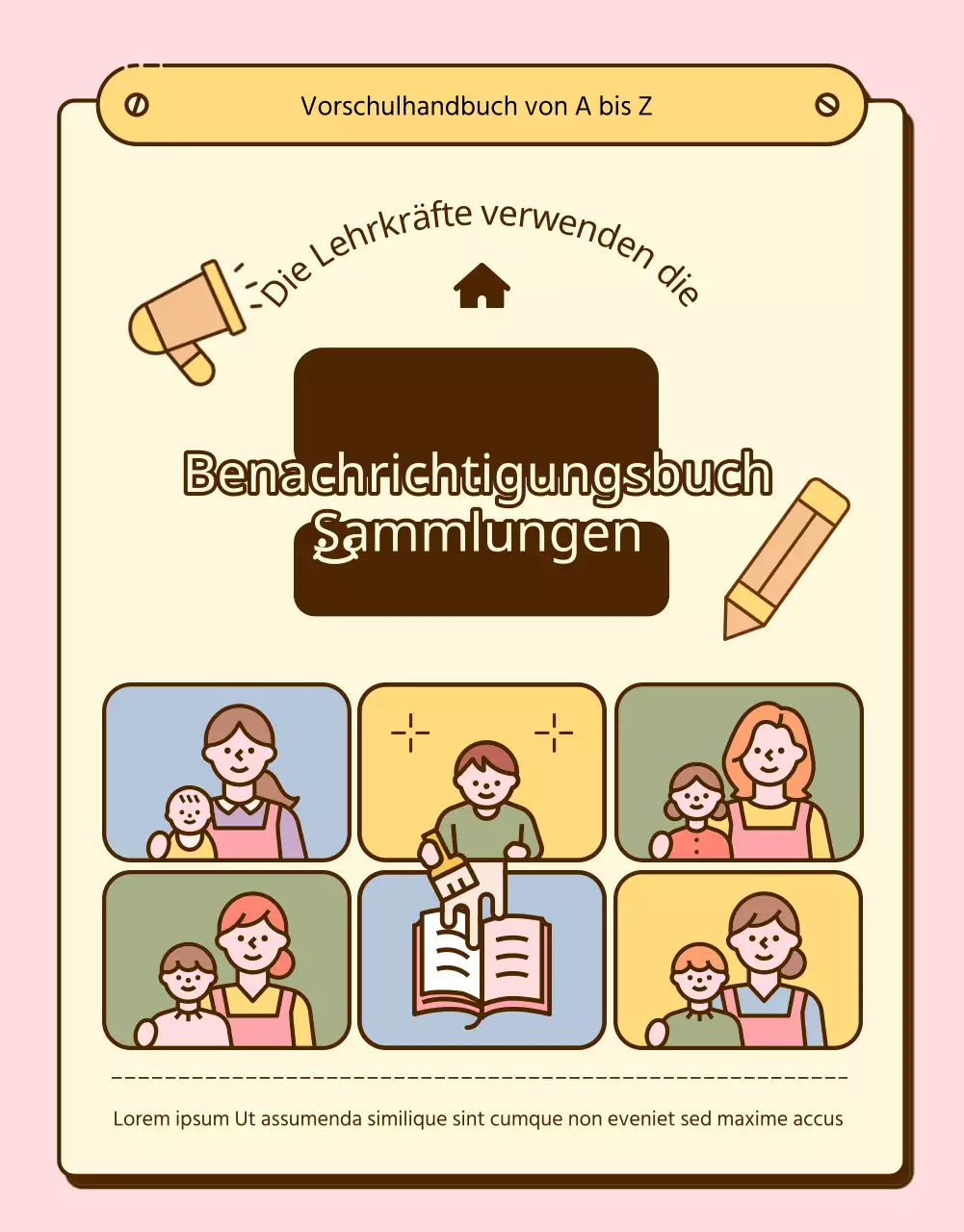 Eine Sammlung von niedlichen gelben und rosa Kindergarten-Ankündigungen