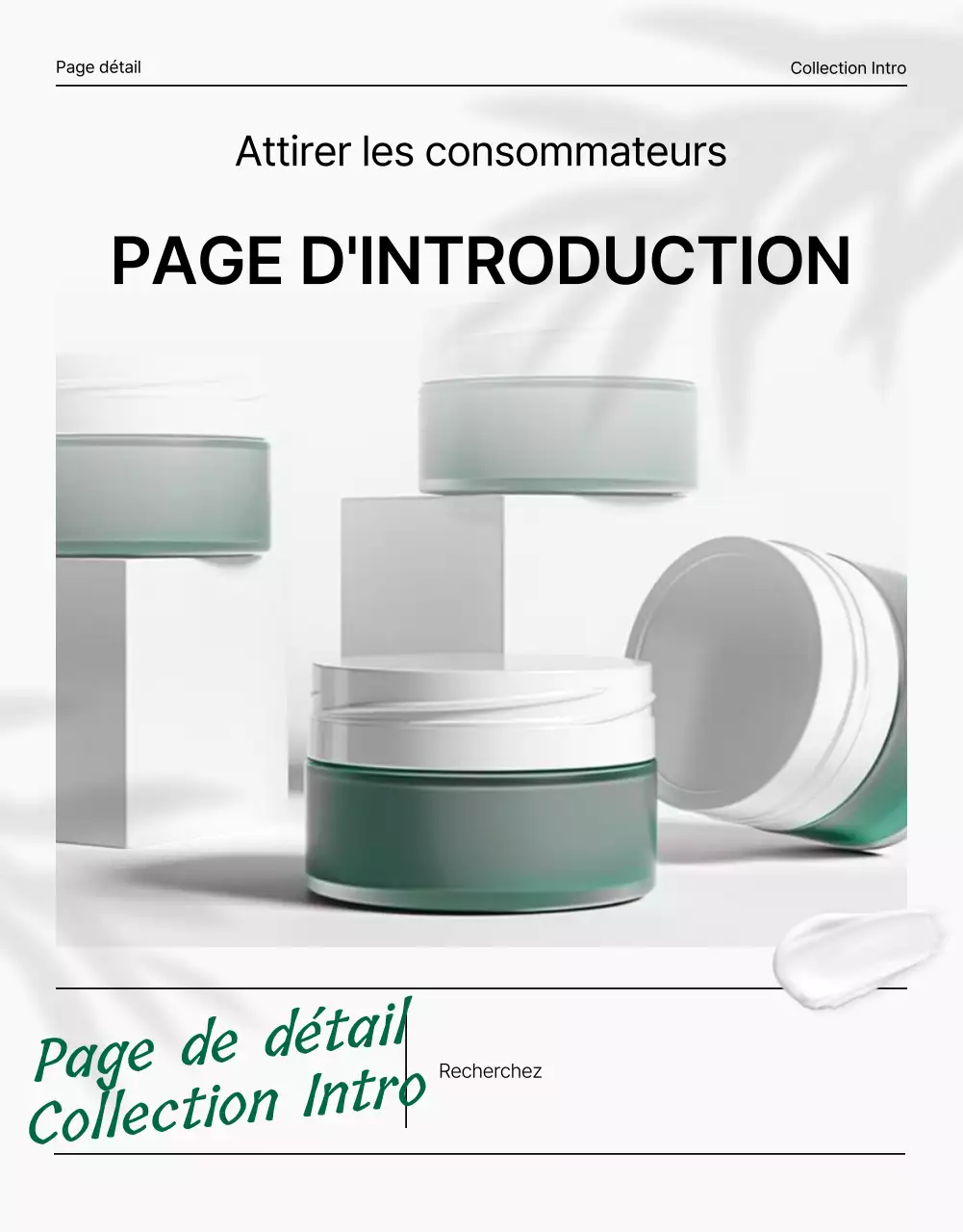 Promouvoir une simple page d'introduction verte et blanche pour des cosmétiques naturels