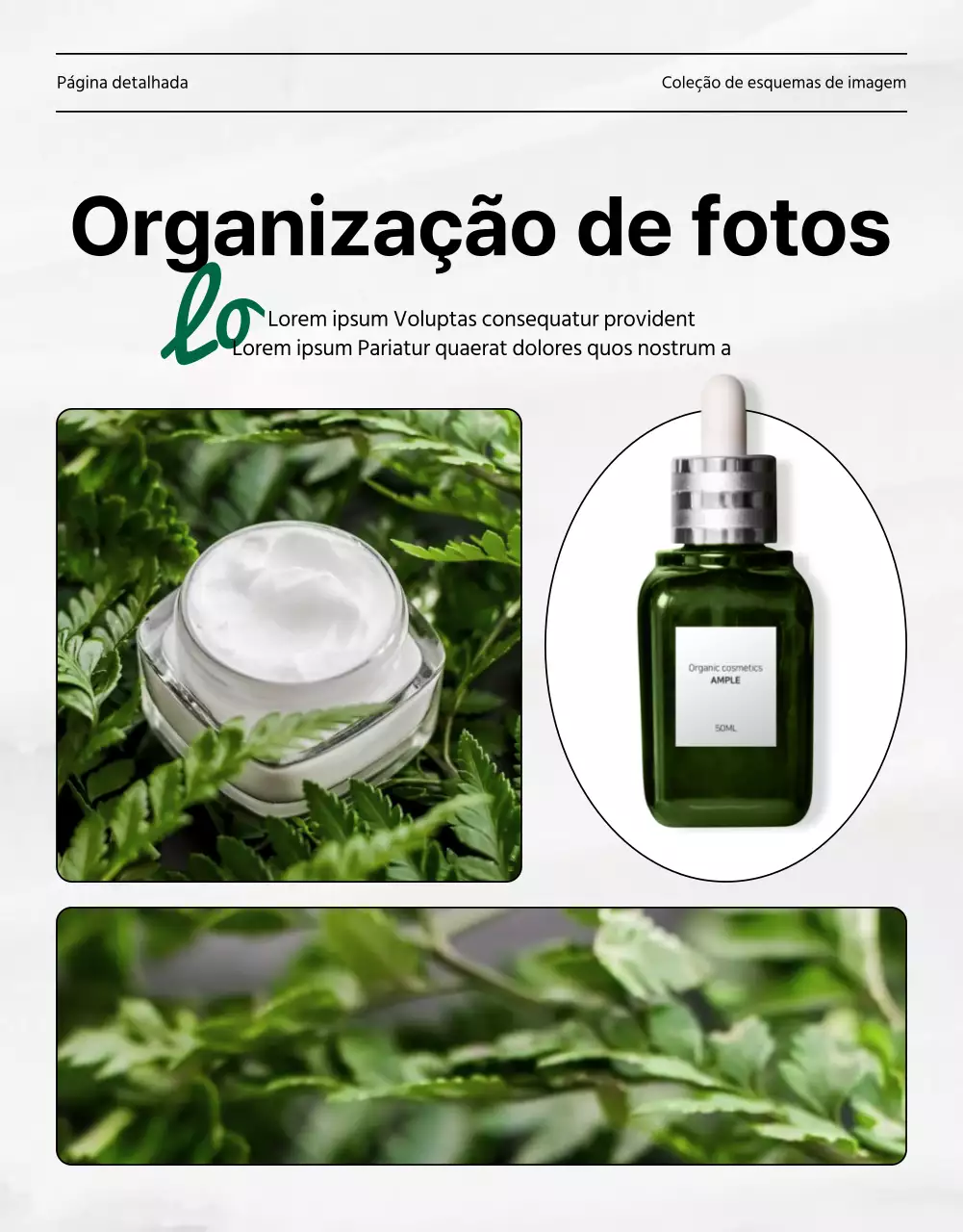 Apresentação fotográfica simples de cosméticos naturais em verde e branco para promover a sua página