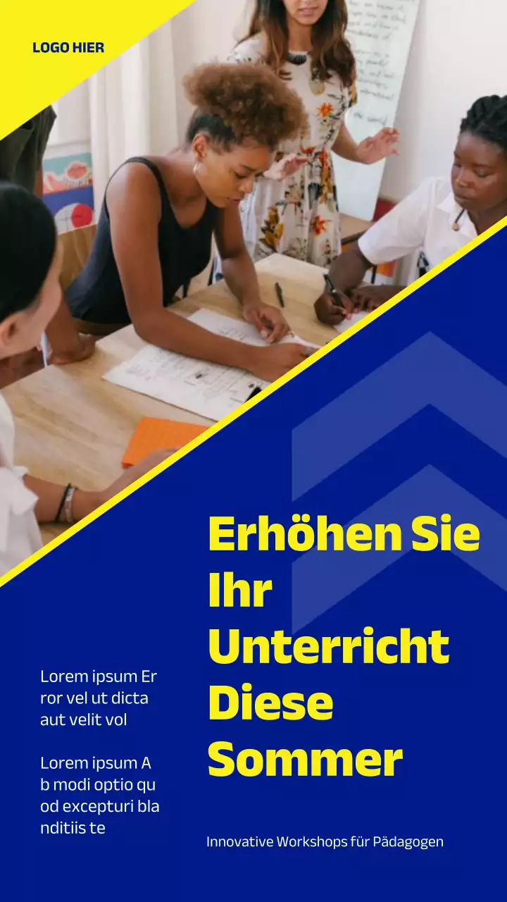 Werbung für das Sommerseminar für Lehrer in Marine und Gelb