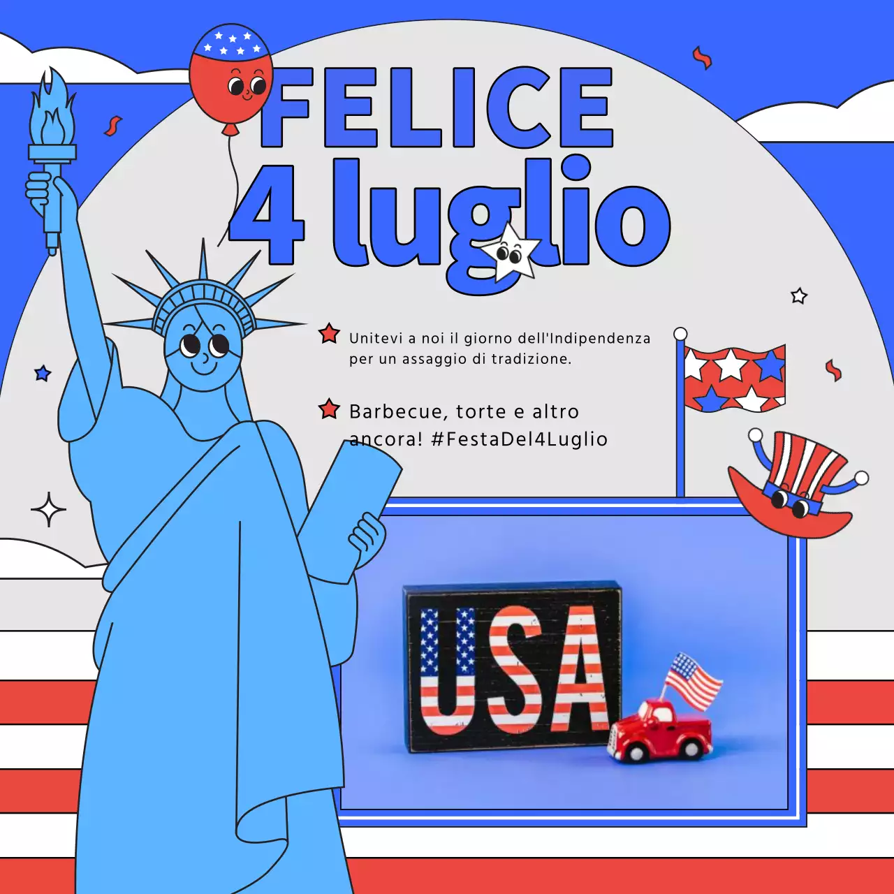 Una simpatica pubblicità rossa e blu per il Giorno dell'Indipendenza americana