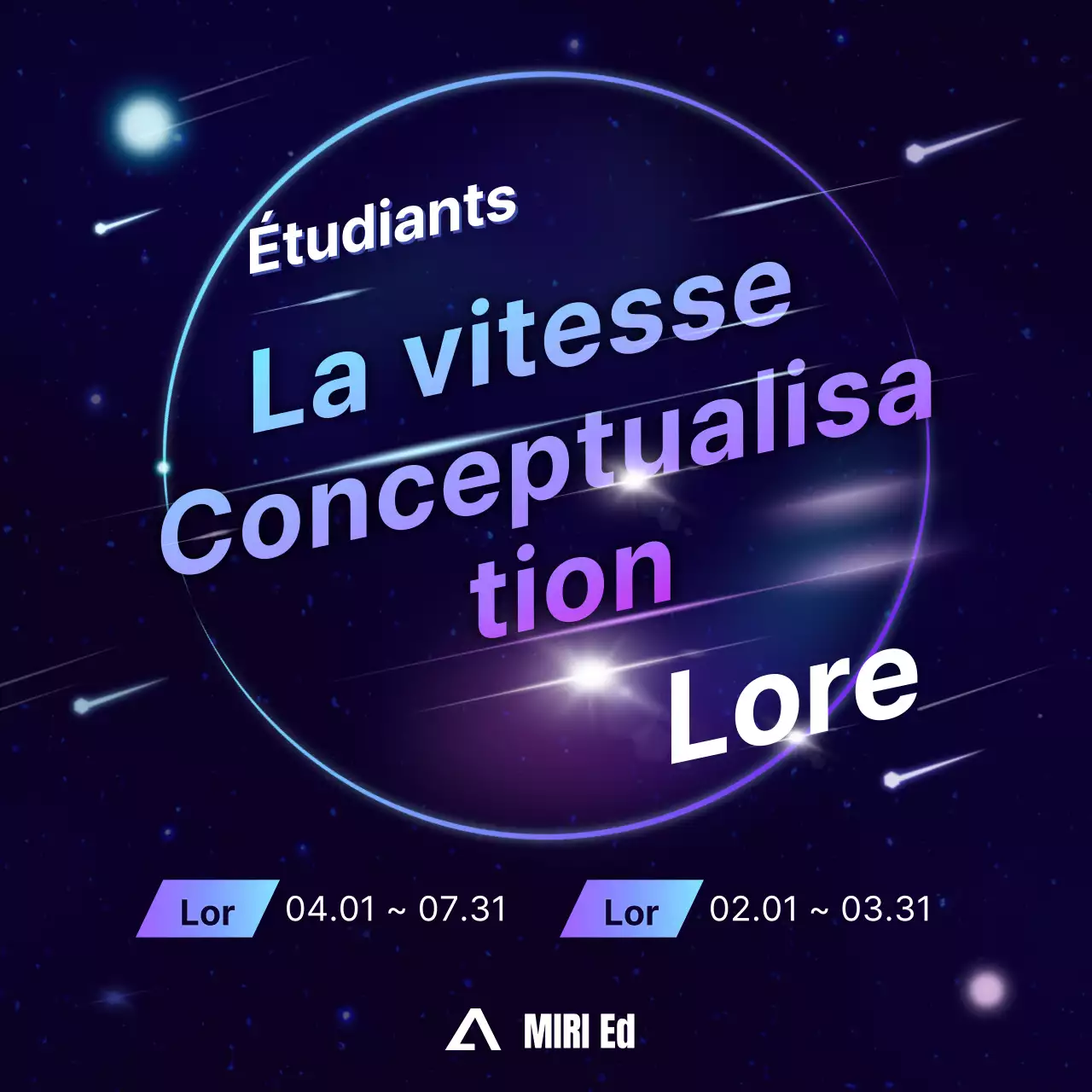 Promotion d'une conférence spéciale dans une académie avec une ambiance de science-fiction en bleu marine et violet