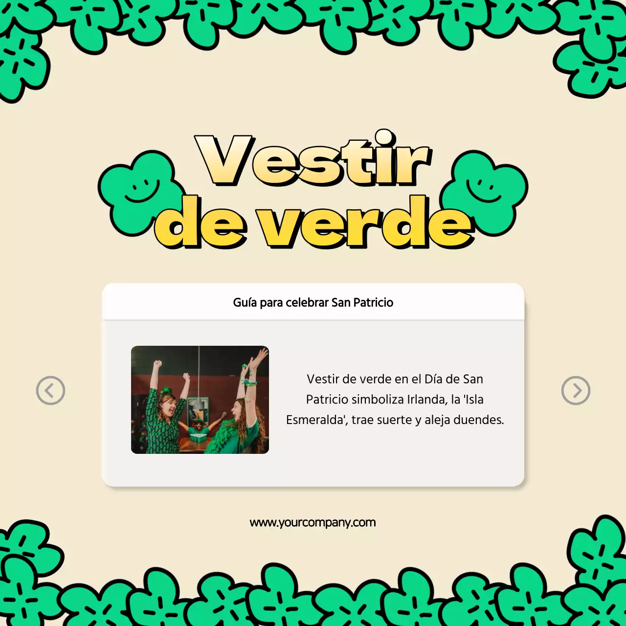 Publicidad del Día de San Patricio en amarillo y verde con encanto natural