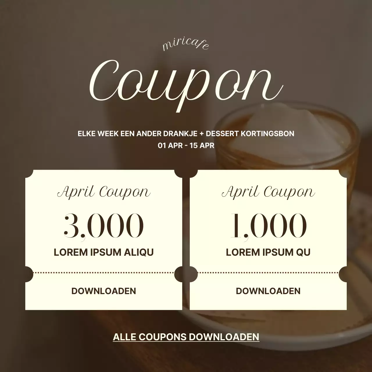 Een klassieke caféaankondiging in bruin en beige.