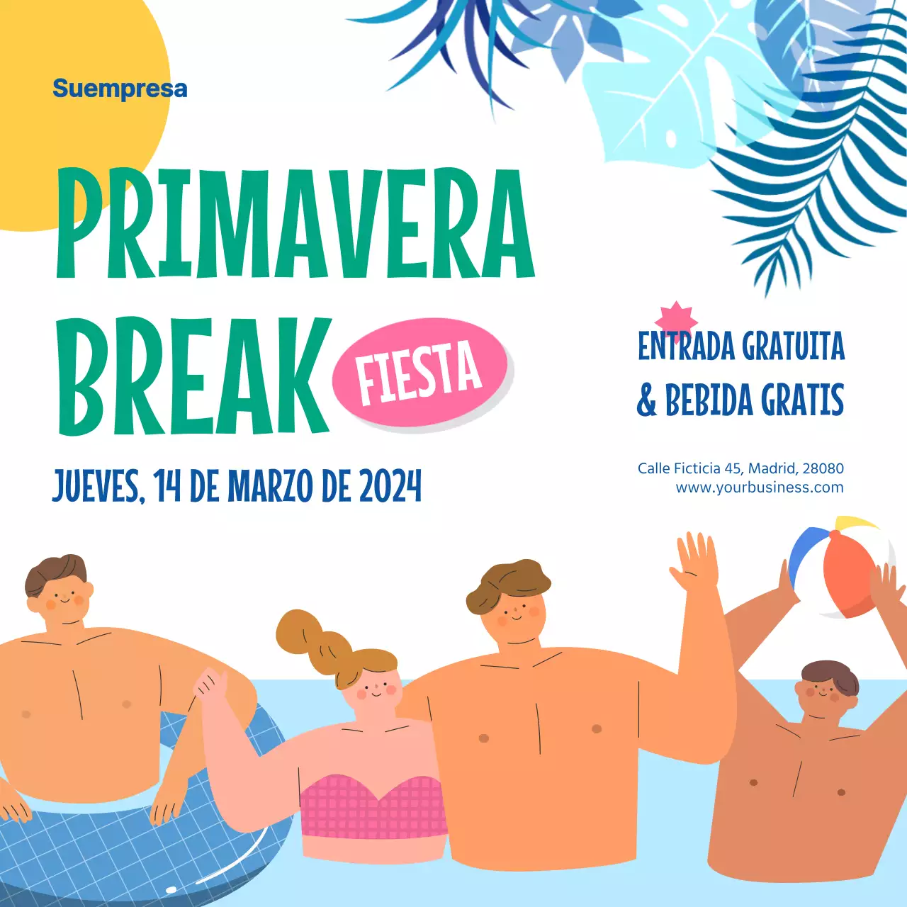 Anuncio Fiesta de Primavera Tropical Azul y Verde