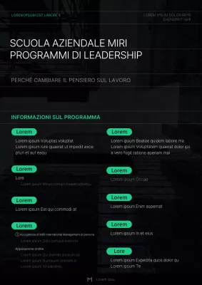 Un semplice volantino per seminari di management in verde e nero.