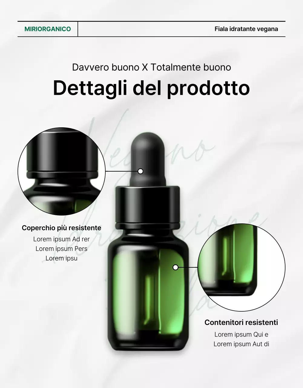 Promuovere una semplice pagina di descrizione e dettaglio di cosmetici naturali bianchi e verdi