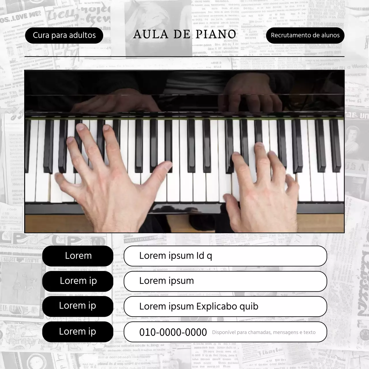 Anúncio de recrutamento de estudantes de piano moderno a preto e branco