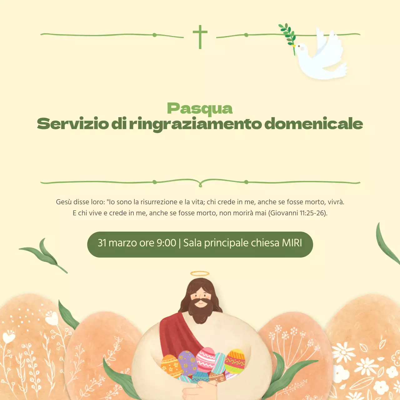 Semplici annunci del servizio pasquale in verde e giallo