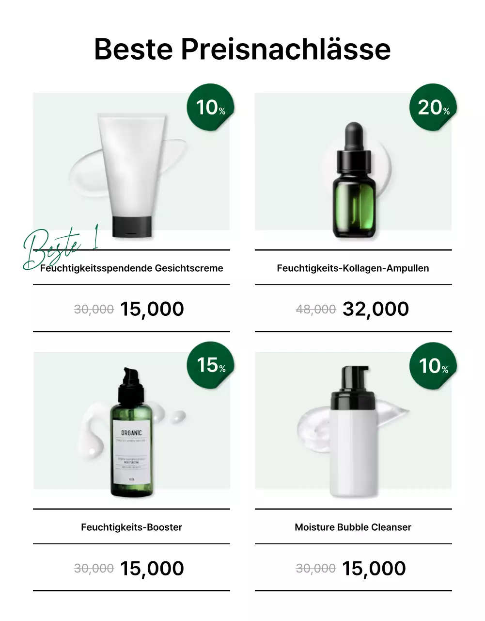 Förderung einer einfachen grün-weißen Naturkosmetik-Beschreibungs- und Detailseite