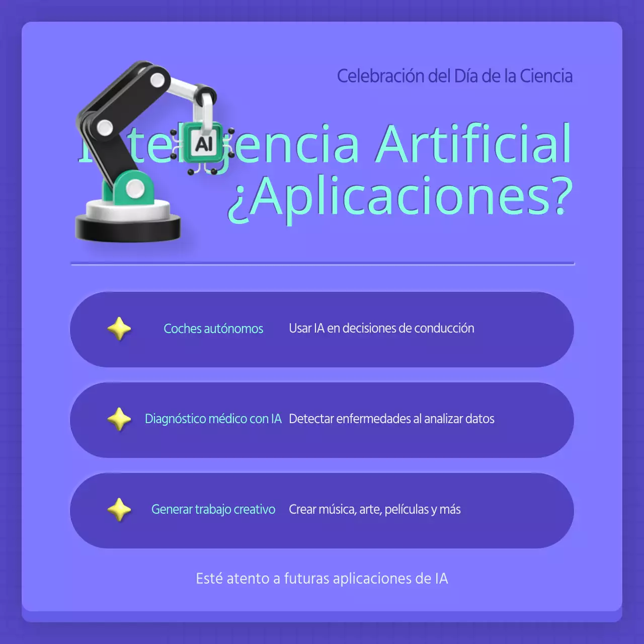 Un puesto moderno de AI para el Día de la Ciencia en morado y menta