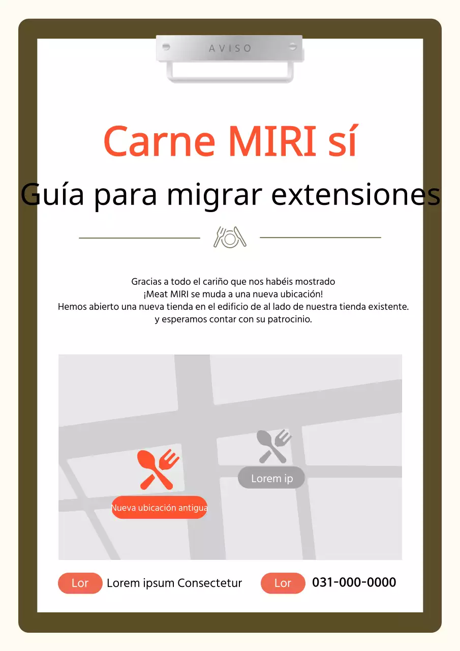 Un sencillo anuncio marrón y naranja de reubicación de una tienda