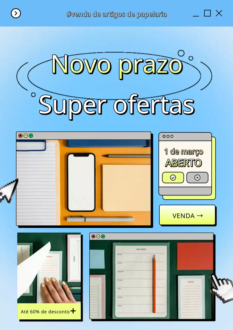 Promover uma venda de artigos de papelaria retro para o regresso às aulas em amarelo e azul claro