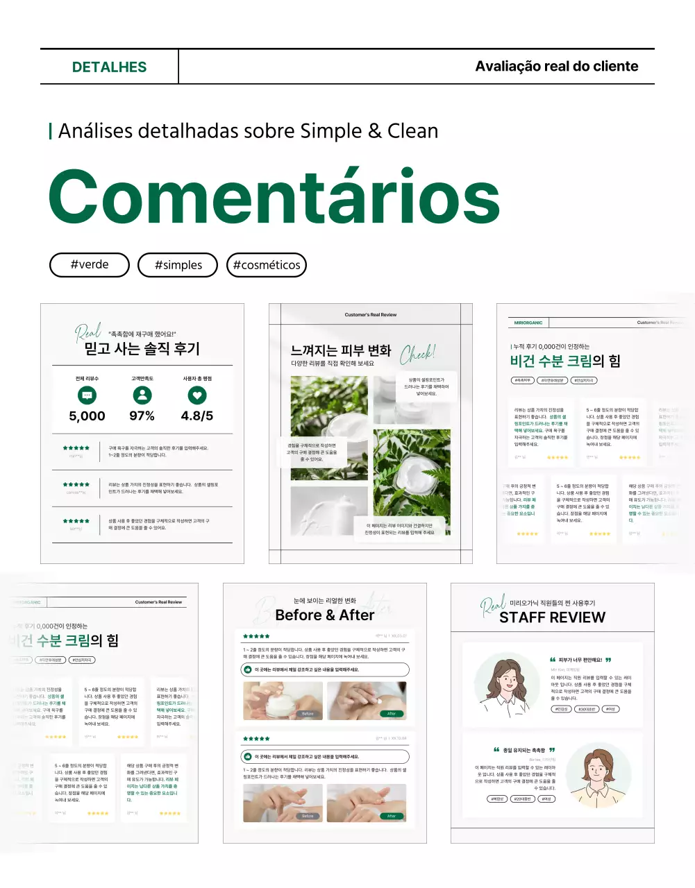 Promover uma página simples de análise de cosméticos naturais verdes e brancos