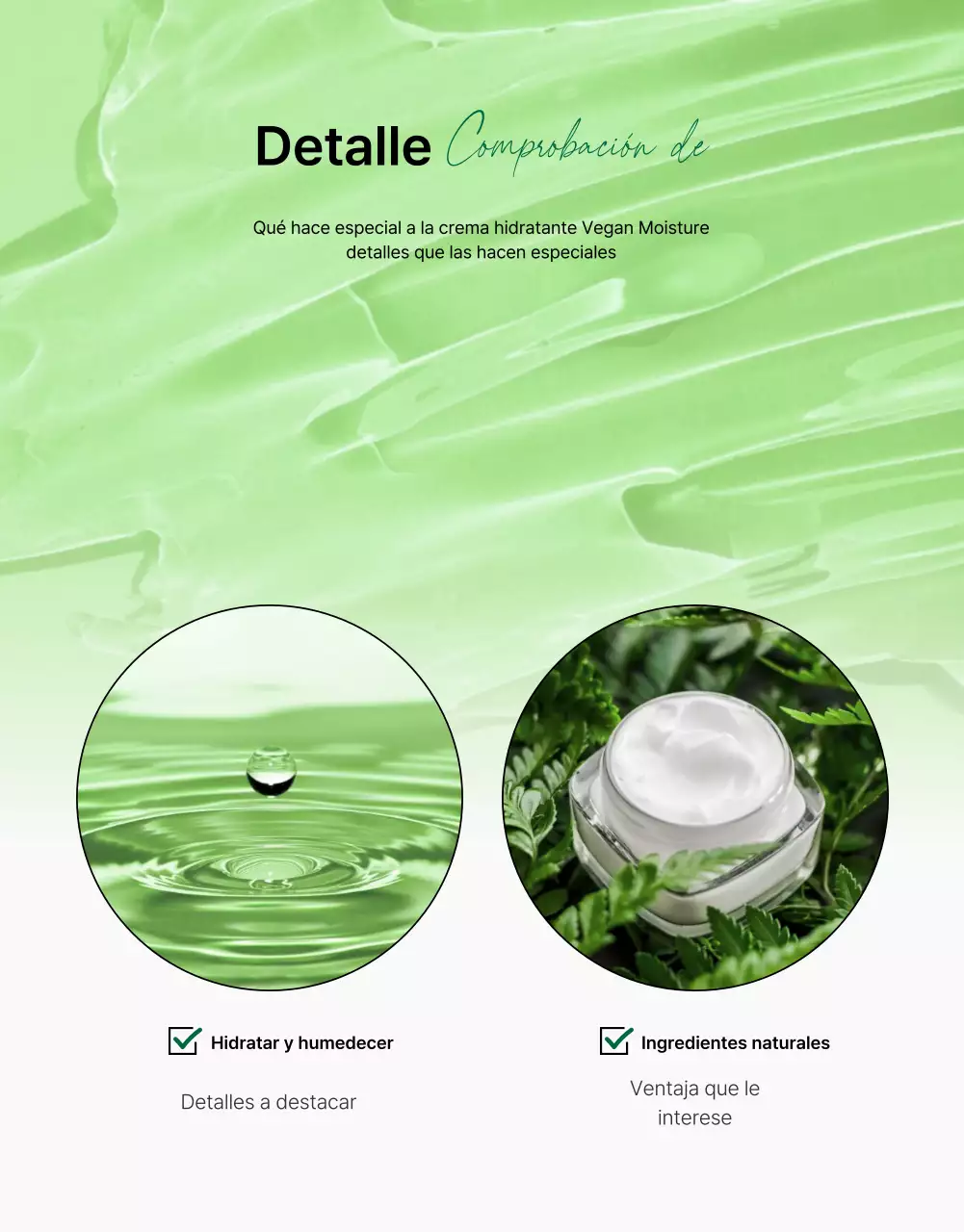 Promover una sencilla página de descripción y detalles de cosmética natural verde y blanca